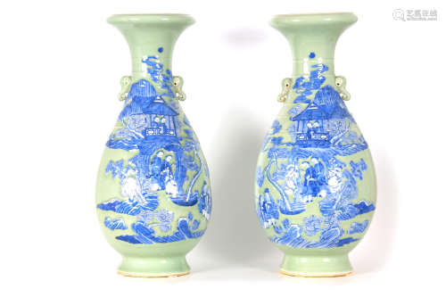 AN IMPRESSIVE PAIR OF 19TH CENTURY CHINESE CELADON AND RELIE...