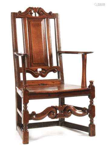 A GOOD LATE 17TH CENTURY JOINED OAK ARMCHAIR OF UNUSUAL DESI...