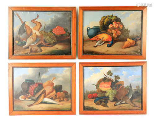 A SET OF FOUR 19TH CENTURY CONTINENTAL STILL LIFE OILS ON CA...