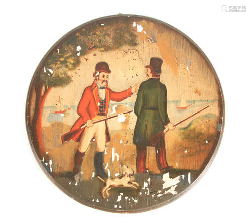 A LATE 19TH CENTURY PAINTED WOOD WALL PLAQUE depicting two g...