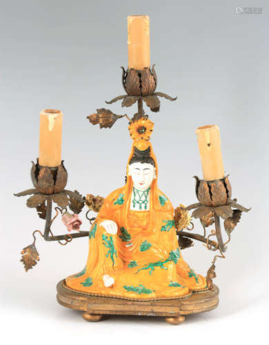 A 19TH CENTURY CHINESE EXPORT SEATED FEMALE FIGURE MOUNTED I...