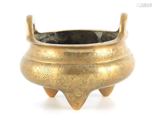 AN EARLY CAST BRASS CHINESE CENSER decorated with floral eng...