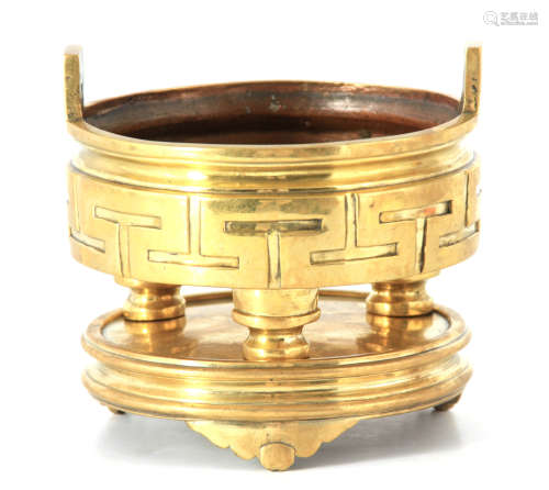 AN ORIENTAL BRONZE CENSER ON STAND with greek key-shaped dec...