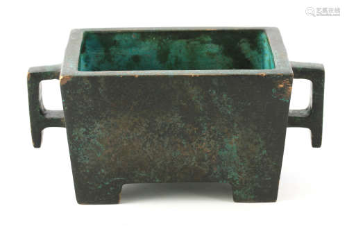 A CHINESE PATINATED BRONZE RECTANGULAR CENSER with cutout ha...