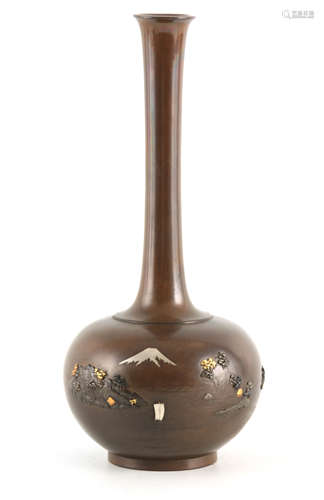 A MEIJI PERIOD JAPANESE INLAID NOGAWA BRONZE VASE of bulbous...