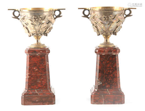 A PAIR OF 19TH CENTURY FRENCH TWO HANDLED SILVERED BRONZE AN...