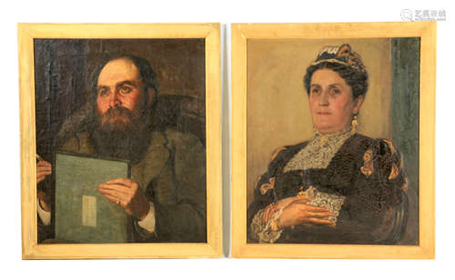 A PAIR OF 19TH CENTURY OILS ON CANVAS depicting half-length ...