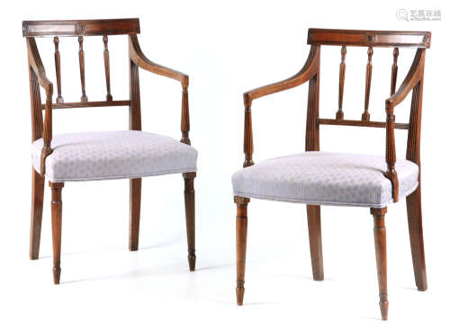 A PAIR OF 18TH CENTURY HEPPLEWHITE OPEN ARMCHAIRS with bar b...