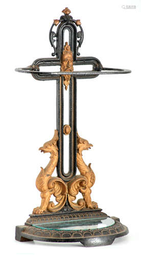 A 19TH CENTURY CAST IRON STICK STAND with gilt painted griff...