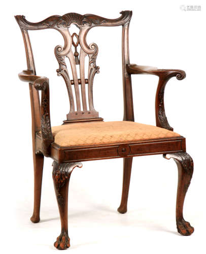 A FINE 19TH CENTURY MAHOGANY CHIPPENDALE STYLE OPEN ARMCHAIR...