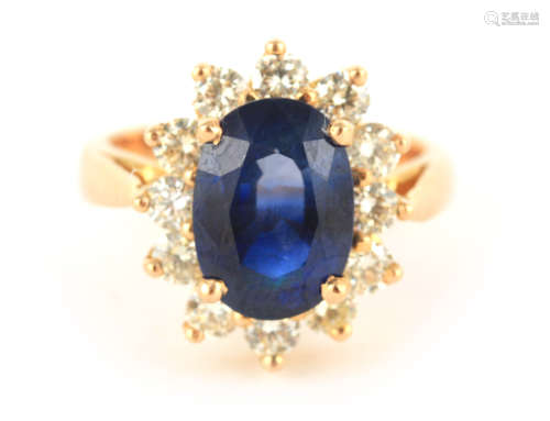 A LADIES 18CT YELLOW GOLD SAPPHIRE AND DIAMOND RING the 3.00...