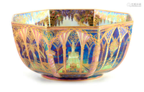 A WEDGWOOD FAIRYLAND LUSTRE FOOTED OCTAGONAL BOWL AFTER DESI...