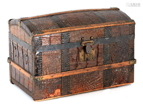 A SMALL 19TH CENTURY STUDDED CROCODILE SKIN DOME TOP TRUNK w...