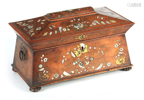 A REGENCY MOTHER OF PEARL AND BRASS INLAID ROSEWOOD SARCOPHA...