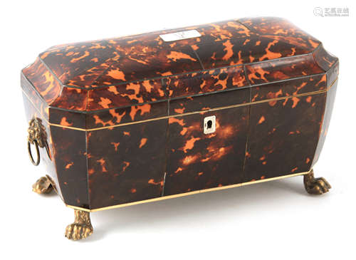 A FINE REGENCY TORTOISESHELL DOUBLE TEA CADDY of sarcophagus...