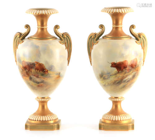 JOHN STINTON, A FINE PAIR OF ROYAL WORCESTER IVORY, GILT AND...