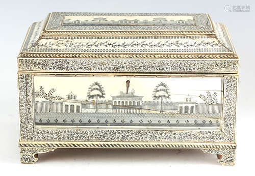 A LATE 18TH CENTURY ANGLO INDIAN IVORY VIZAGAPATAM TEA CADDY...