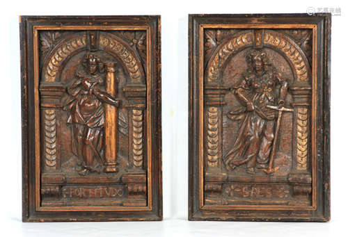 A PAIR OF 16TH CENTURY CARVED OAK AND GILT HIGHLIGHTED PANEL...