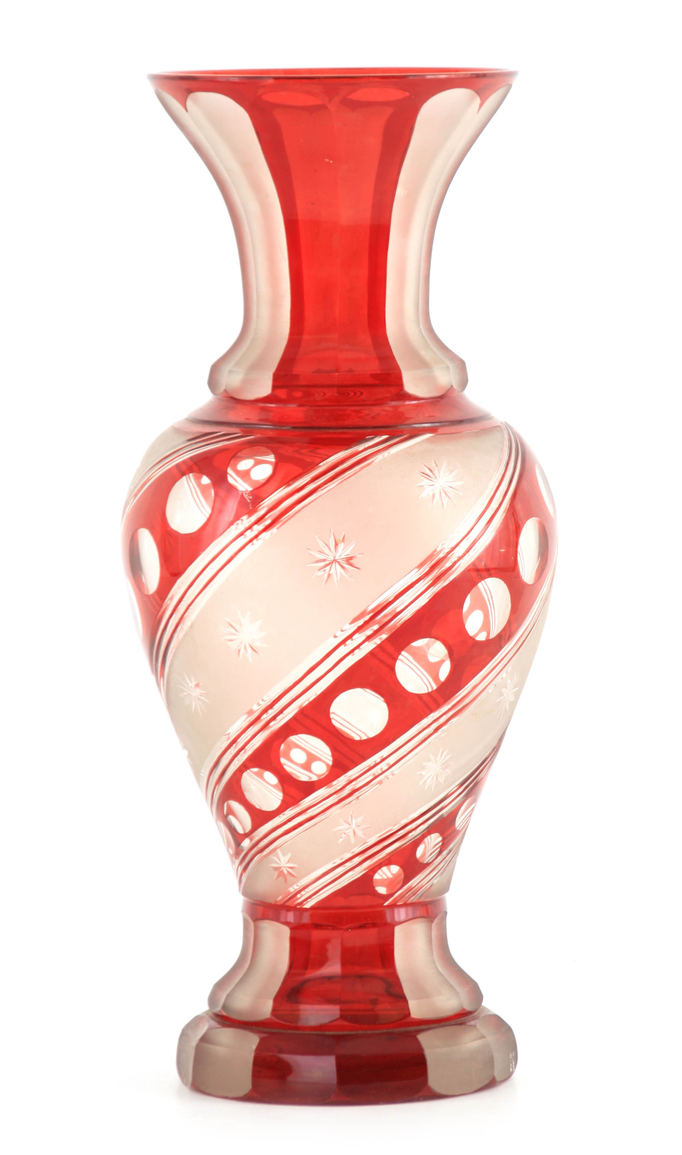 Bohemian  Red and Frosted Hand Blown Glass Baluster Vase Hand Painted