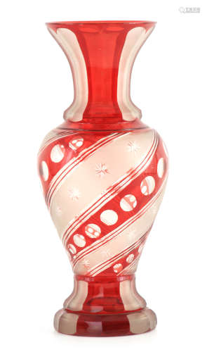 A BOHEMIAN FROSTED AND RED OVERLAY BALUSTER GLASS VASE with ...