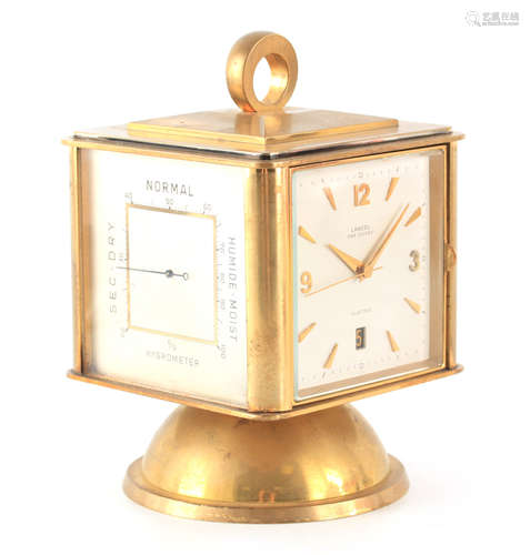 A LANCEL, 1950's SWISS GILT BRASS PORTABLE DESK CLOCK/WEATHE...