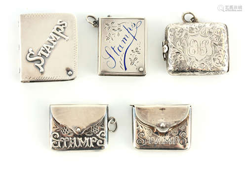 A COLLECTION OF FIVE SILVER STAMP BOXES two formed as books,...