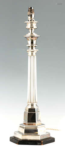 AN EDWARDIAN REFURBISHED SILVER PLATE REEDED COLUMN ELECTRIF...