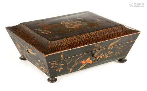 AN EARLY 19TH CENTURY LACQUERWORK BOX WITH DIVIDED INTERIOR ...