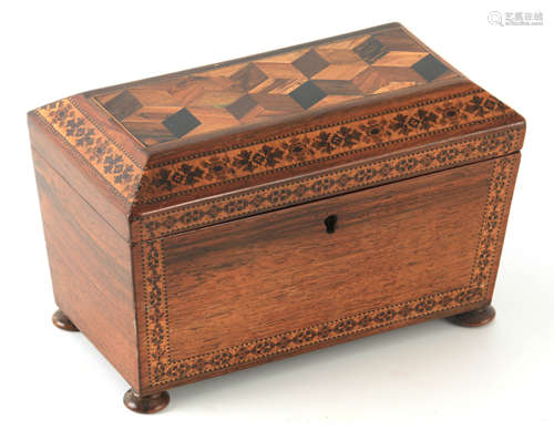 A GOOD 19TH CENTURY PARQUETRY INLAID AND TUNBRIDGE WARE BAND...