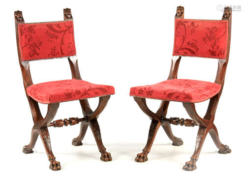 A PAIR OF 19TH CENTURY MAHOGANY HALL CHAIRS with lions mask ...