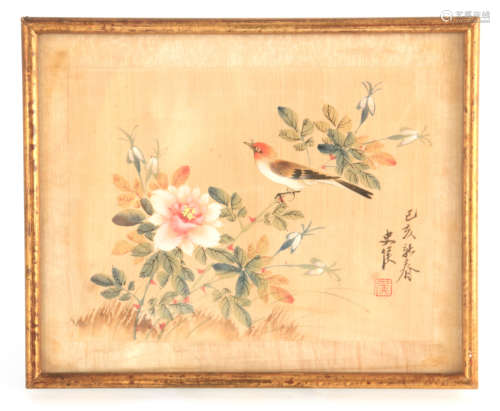 A 19TH CENTURY CHINESE WATERCOLOUR ON SILK depicting a singi...