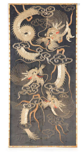 AN EARLY 20TH CENTURY CHINESE EMBROIDERED PANEL of three rai...