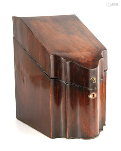 A GEORGE III MAHOGANY KNIFE BOX with shaped front and hinged...