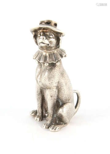 A VICTORIAN NOVELTY SILVER SHAKER FORMED AS A SEATED DOG WEA...