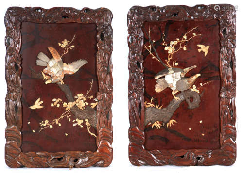 A PAIR OF 20TH CENTURY CHINESE RED LACQUERWORK PANELS with a...