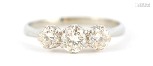 A LADIES 18CT WHITE GOLD THREE STONE DIAMOND RING with tripl...
