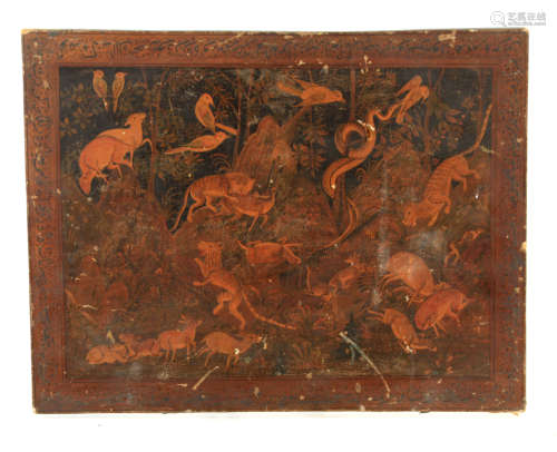 AN 18TH CENTURY PERSIAN LACQUER WORK PANEL depicting animals...