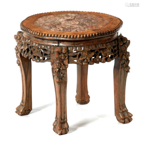 A 19TH CENTURY CHINESE JARDINIERE STAND with inset marble to...