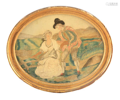 AN 18TH CENTURY OVAL TAPESTRY PANEL depicting lovers in a la...