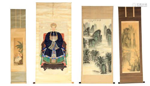 A CHINESE SCROLLED A WATERCOLOUR DRAWING OF A SEATED DIGNITA...
