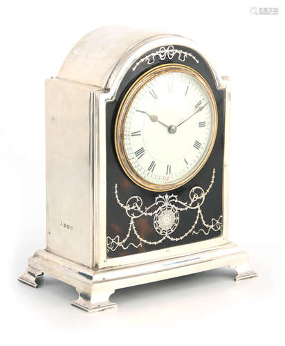 A GOOD EDWARDIAN SILVER AND TORTOISESHELL MANTEL CLOCK the a...