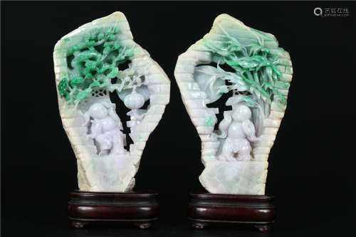 A PAIR OF JADEITE CARVED ROCKERY ORNAMENTS
