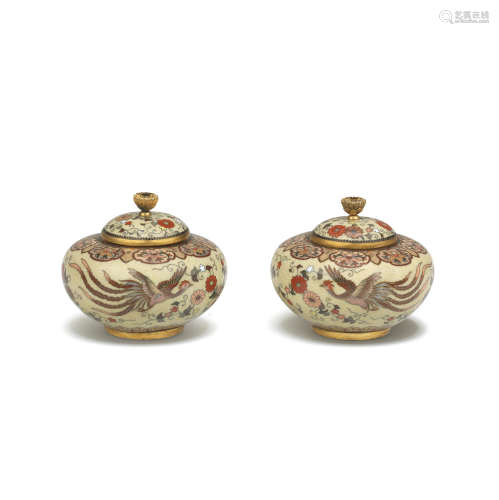 A pair of miniature squat cloisonné-enamel jars with en-suit...