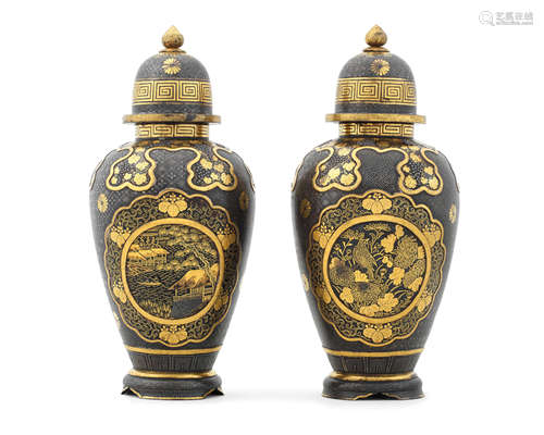 A pair of inlaid iron vases with en-suite covers By Moriguch...