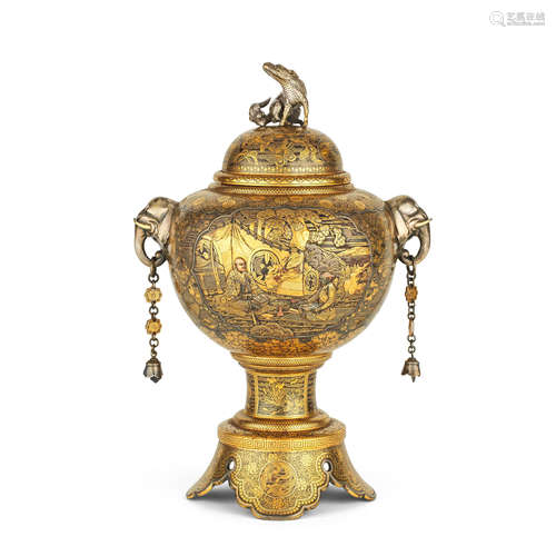 An impressive and finely inlaid iron vase and cover with his...