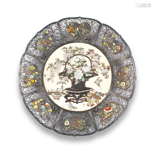 An ivory Shibayama-inlaid and enamelled silver-filigree dish...