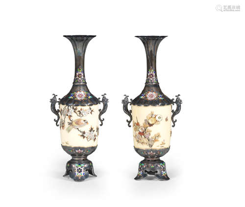 A pair of silver-mounted, enamelled and Shibayama-inlaid ivo...