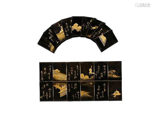 An incomplete set of 33 gold-lacquer karuta (playing cards) ...