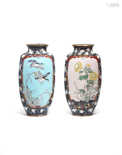 A pair of flattened rectangular cloisonné-enamel vases Meiji...