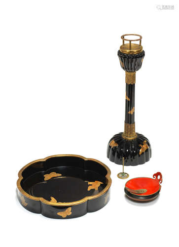 A Black-lacquer matching candlestick and tray with an oil di...